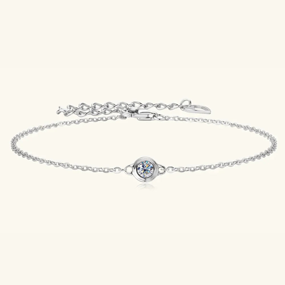 Silver moissanite solitaire chain bracelet with adjustable clasp and extender.