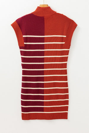 Colorblock ribbed mini dress with mock neck and horizontal stripes in terracotta and burgundy.
