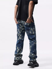Checkerboard pattern relaxed fit jeans in blue denim with a contemporary checkerboard print.
