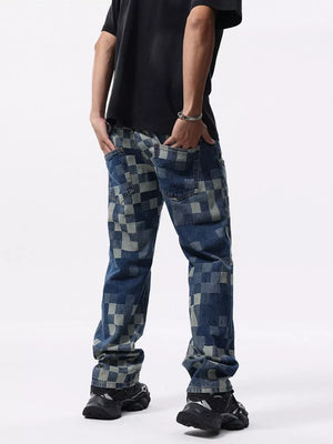 Checkerboard pattern relaxed fit jeans in blue denim with a contemporary checkerboard print.