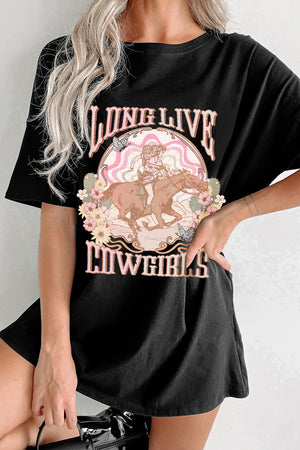 Black graphic tee with a cowgirl riding a horse and floral design, featuring text "LONG LIVE COWGIRLS".