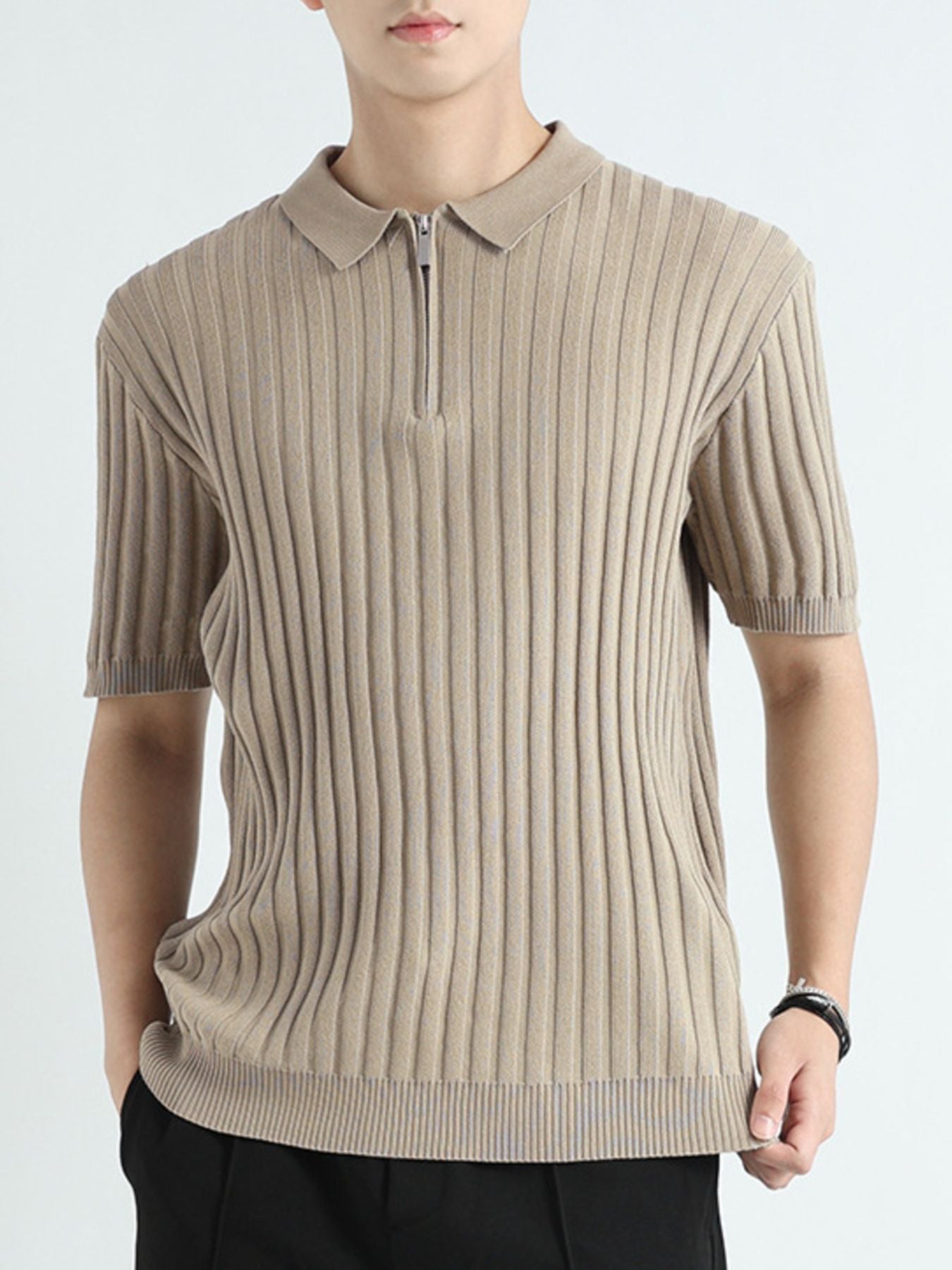 Men's Khaki ribbed knit short sleeve polo with quarter zip neckline.