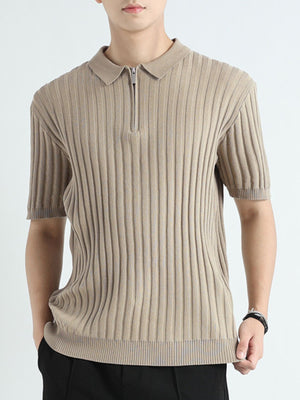Men's Khaki ribbed knit short sleeve polo with quarter zip neckline.