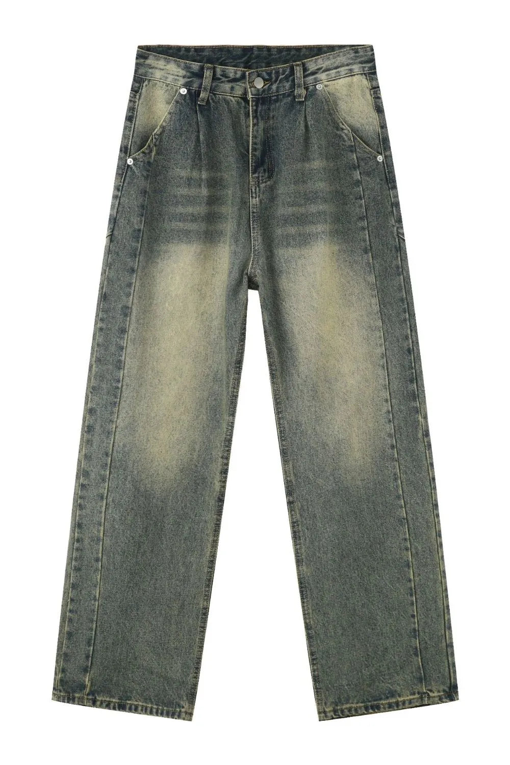 Faded wash baggy carpenter jeans in medium color with a relaxed fit.
