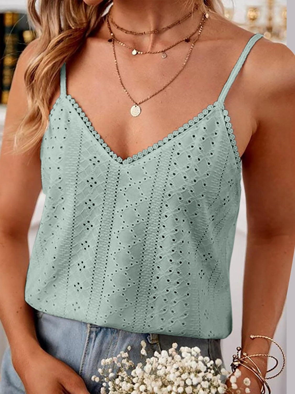 Eyelet lace inset cami top in Air Force Blue with V-neck and scalloped trim.