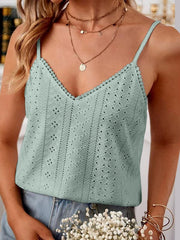 Eyelet lace inset cami top in Air Force Blue with V-neck and scalloped trim.