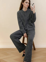 Dark Gray ribbed knit cardigan and wide leg pants set with button front and pocket detail.