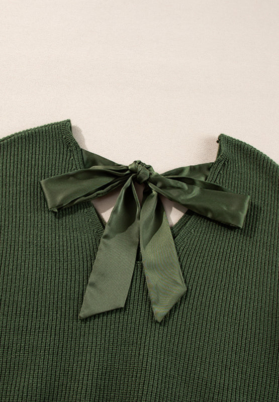 Dark green ribbed knit sweater with a satin bow detail at the back neckline.
