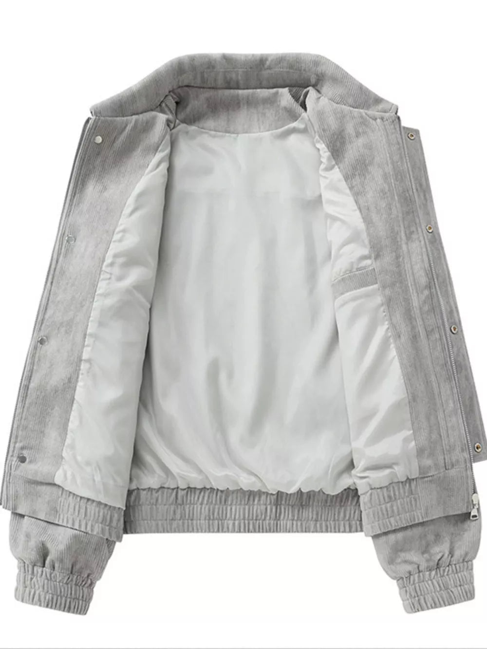 Grey corduroy trucker jacket with white lining and elastic cuffs and hem.