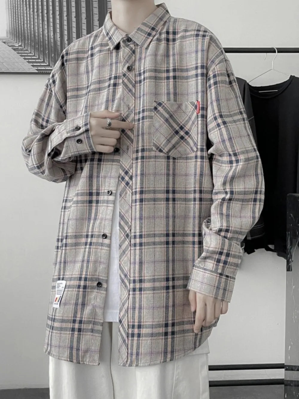 Men's Plus Size Plaid Button Up Shirt in Dark Gray, model styling view