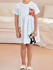 White and blue striped cotton dress with cartoon cat print, short sleeves, round neck.