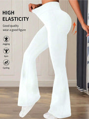 White high waist flare pants with high elasticity and a comfortable cotton feel.