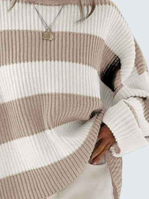 Striped oversized knit sweater in Khaki and white with a crew neck and relaxed fit.