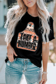 Black graphic t-shirt with "Take A Number" text on a tag design with leopard and camouflage print.