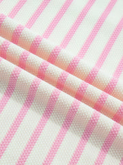 Ruffled short-sleeve blouse in pink and white stripes, cotton knit fabric.