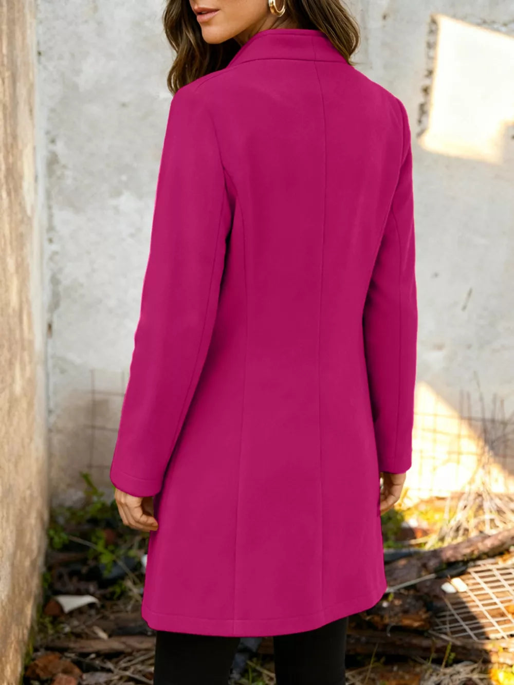 Chic longline trench coat in Deep Rose, button-down style, collarless, long sleeves.