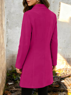 Chic longline trench coat in Deep Rose, button-down style, collarless, long sleeves.