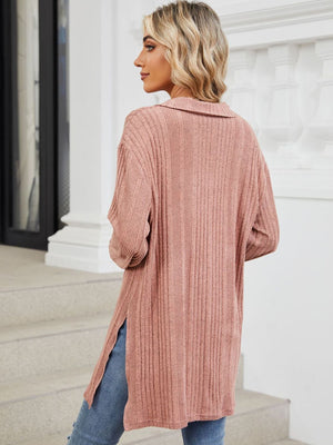 Dusty Pink ribbed knit collared tunic top with slit hem and long sleeves.