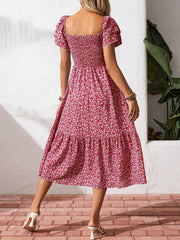 Red floral smocked ruffle sleeve midi dress with tiered skirt
