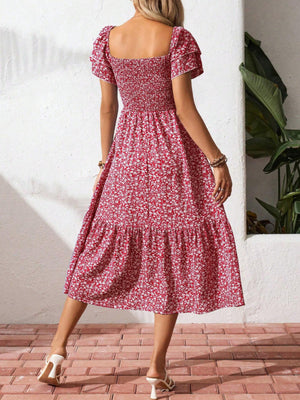Red floral smocked ruffle sleeve midi dress with tiered skirt