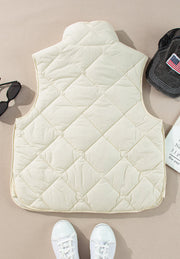 Ivory quilted stand collar vest with diamond pattern, casual outerwear