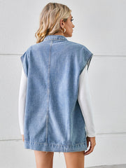 Light blue denim utility vest with collar and buttoned front, shown from the back.