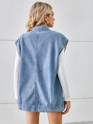 Light blue denim utility vest with collar and buttoned front, shown from the back.