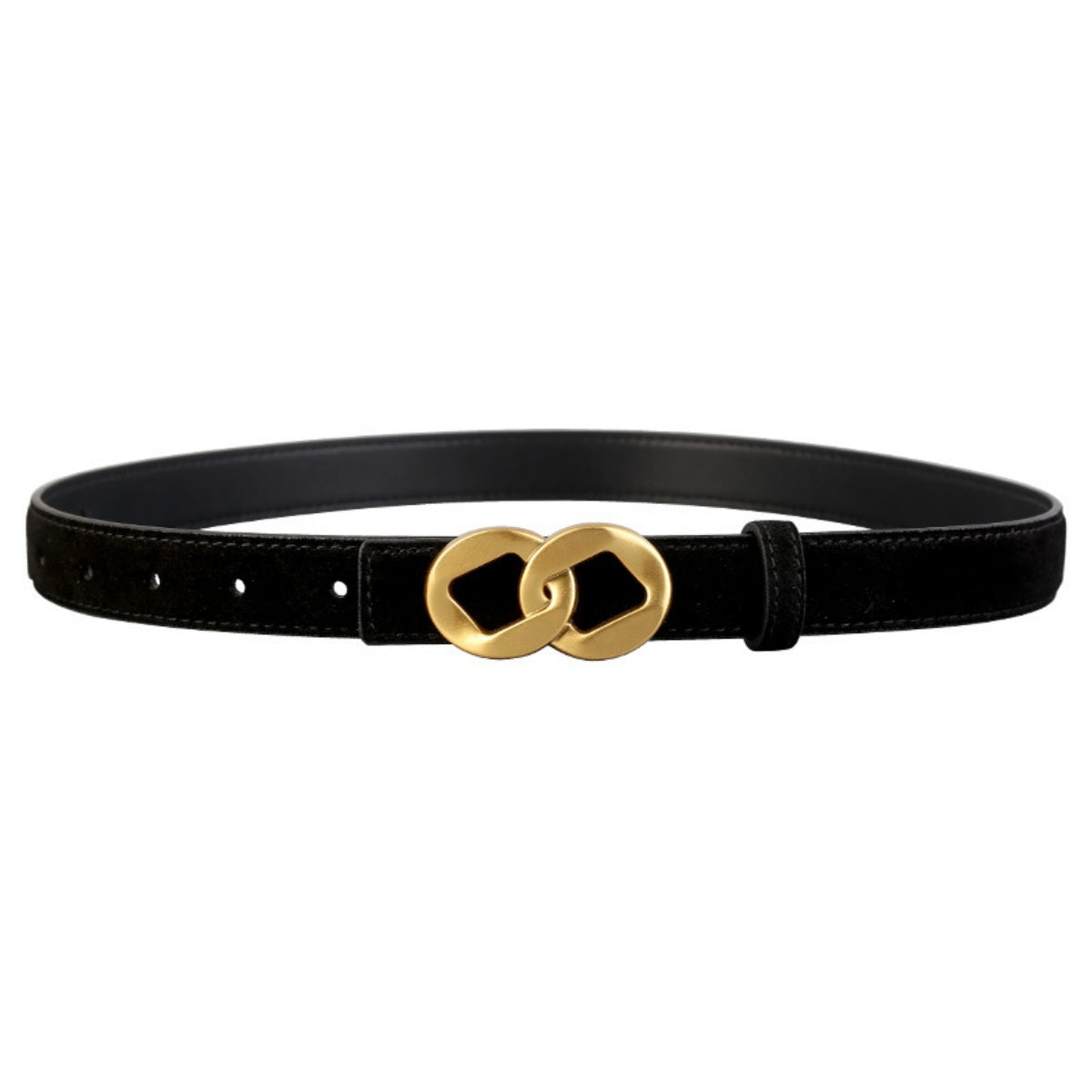 Black cowhide leather belt with gold double circle buckle