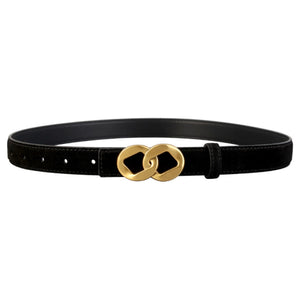 Black cowhide leather belt with gold double circle buckle