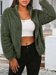 Olive sherpa bomber jacket with zip front and stand-up collar