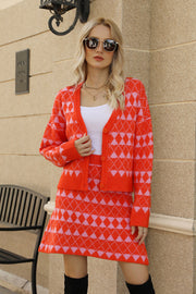 Argyle knit cardigan and mini skirt set in red with pink diamonds, button front cardigan.