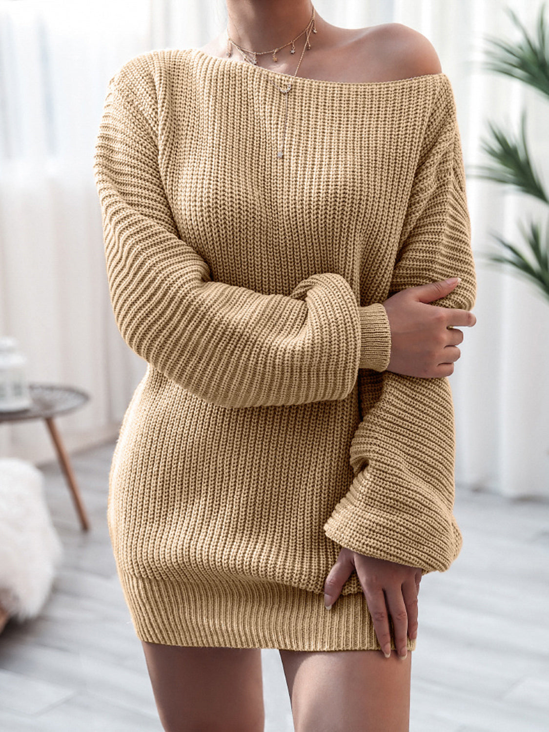 Off-shoulder ribbed knit mini dress in Khaki, 100% acrylic, with long sleeves and a casual fit.