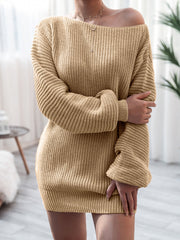 Off-shoulder ribbed knit mini dress in Khaki, 100% acrylic, with long sleeves and a casual fit.