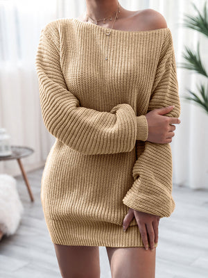 Off-shoulder ribbed knit mini dress in Khaki, 100% acrylic, with long sleeves and a casual fit.