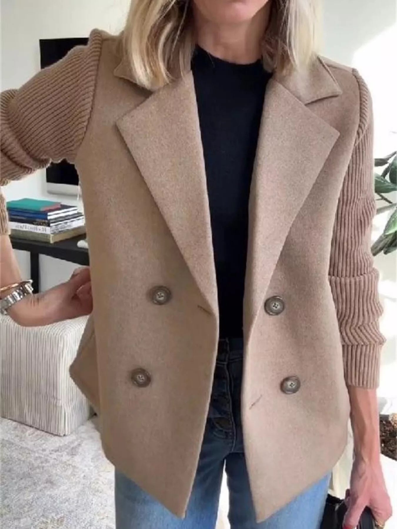 Double-breasted wool blend blazer in tan with contrasting knit sleeves and button detail