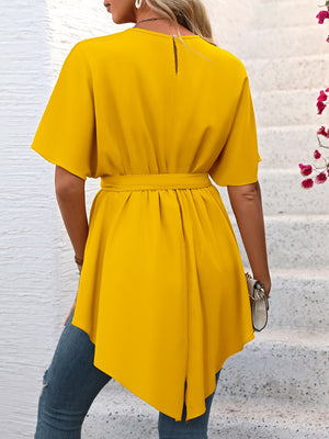 Gold asymmetrical hemline blouse with tie waist and short sleeves