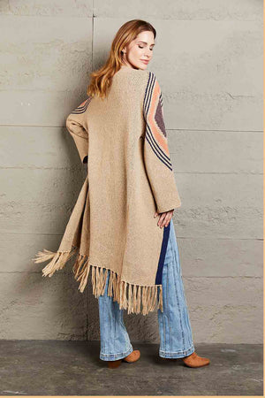 Khaki long cardigan with geometric trim on sleeves and fringed hemline