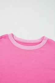 Fuchsia pink cotton loungewear top with contrast trim crew neck.