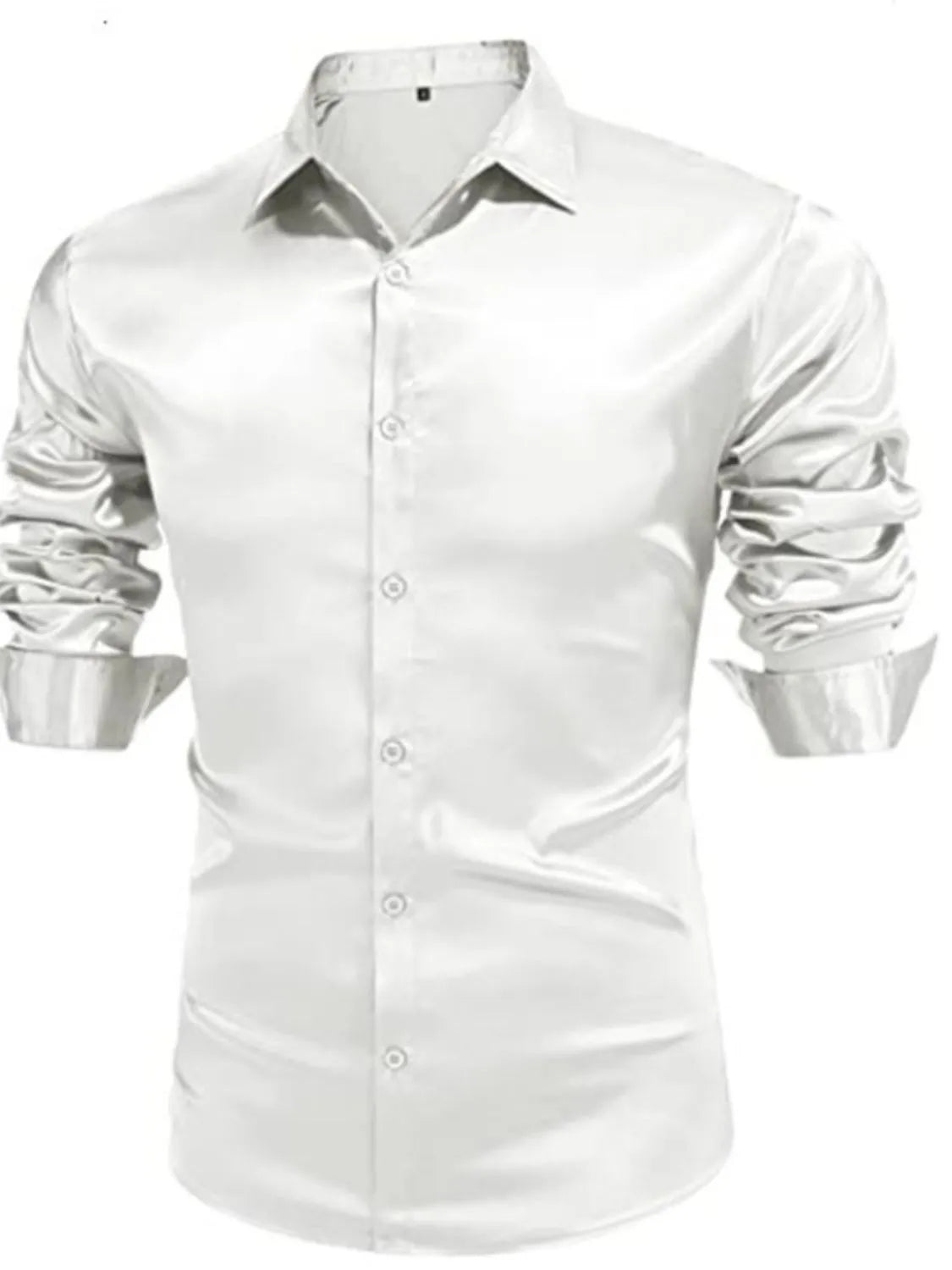 White satin finish slim fit button-down shirt with ruched sleeves
