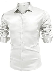 White satin finish slim fit button-down shirt with ruched sleeves