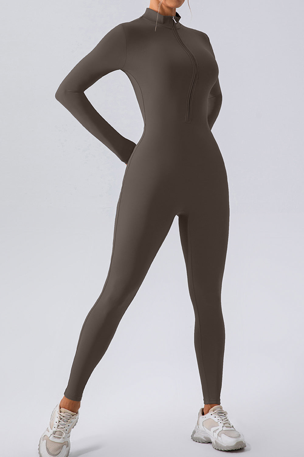 Chocolate zip-front long sleeve bodycon jumpsuit with mock neck