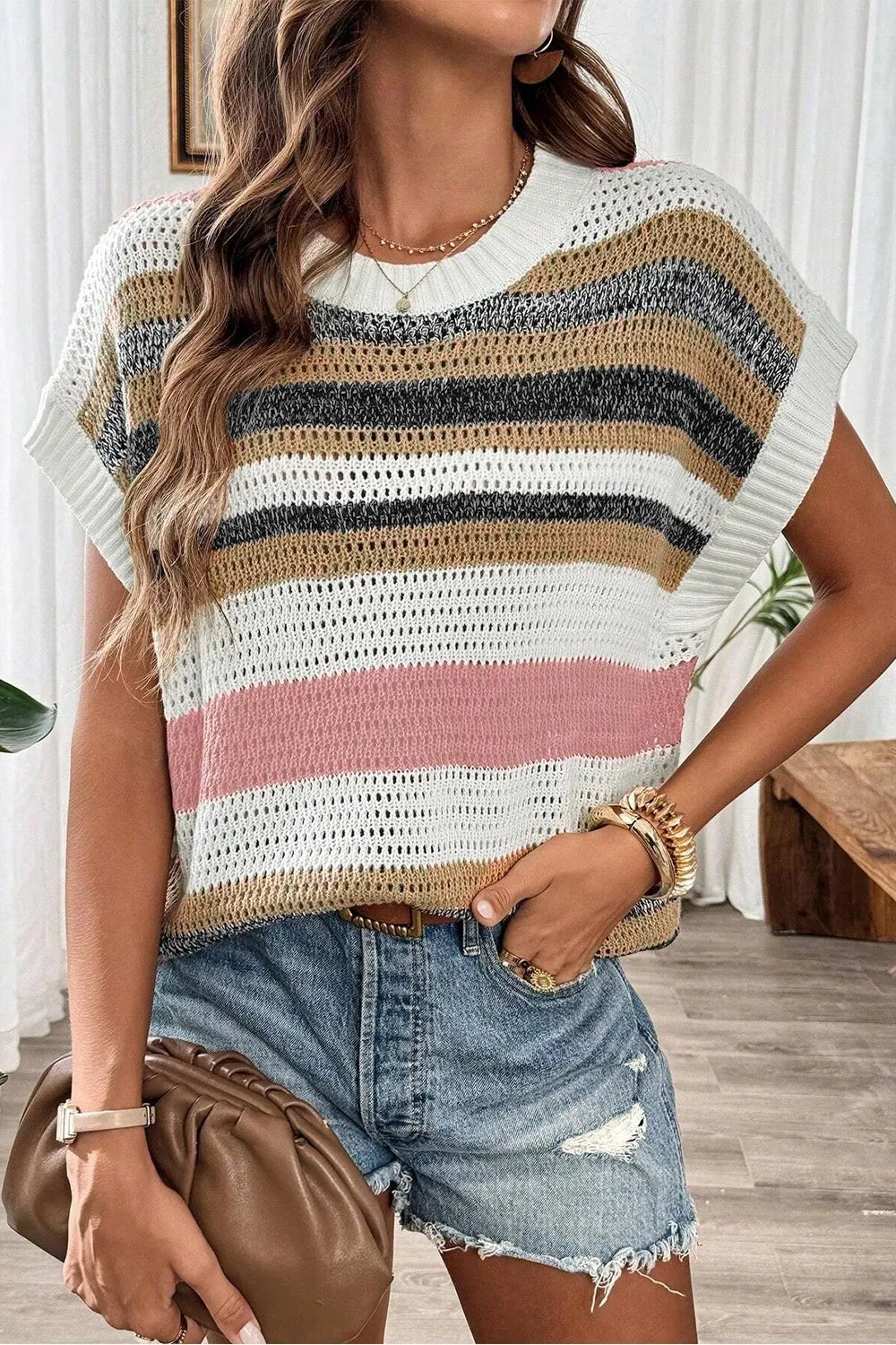 Open knit boxy tee with horizontal stripes in white, tan, black, and dusty pink.