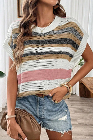 Open knit boxy tee with horizontal stripes in white, tan, black, and dusty pink.