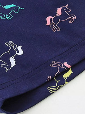 Navy cotton toddler sleepwear set with colorful unicorn print