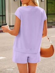 Button Detail Short Sleeve Top And Shorts Set in Lavender Purple, view 13