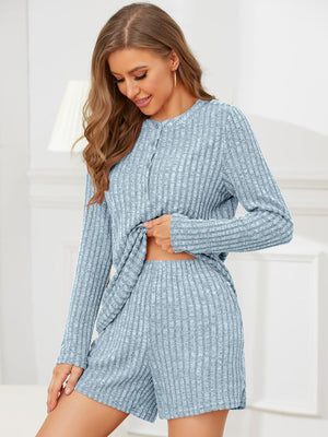 Light blue ribbed henley loungewear set with button detail and shorts.