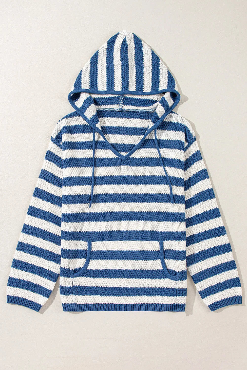 Peacock blue and white striped knit hoodie with pouch pocket and adjustable drawstring.