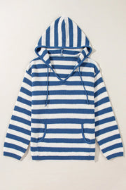 Peacock blue and white striped knit hoodie with pouch pocket and adjustable drawstring.