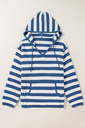 Peacock blue and white striped knit hoodie with pouch pocket and adjustable drawstring.