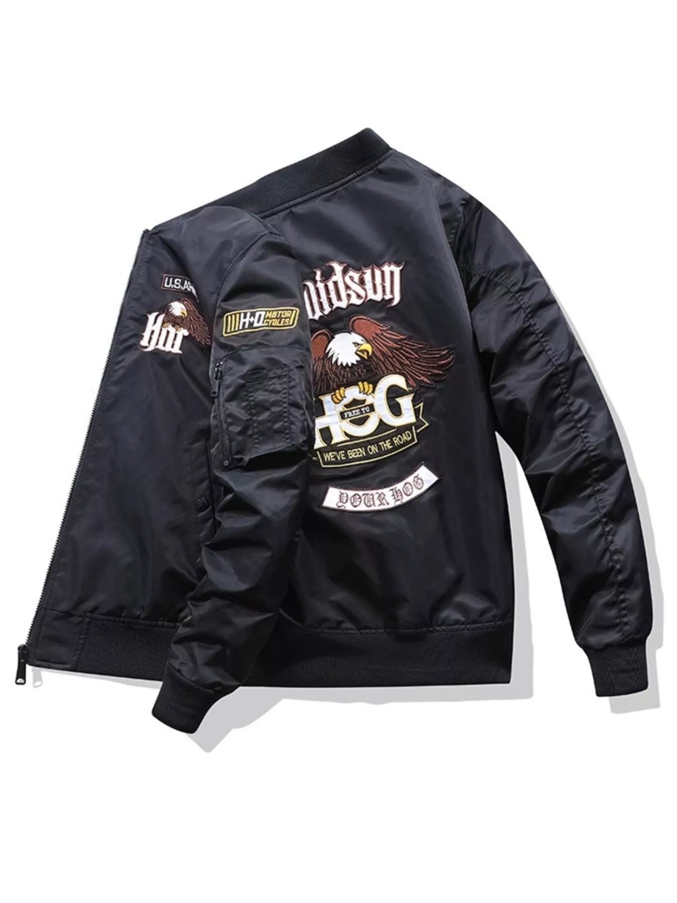 Black bomber jacket with embroidered eagle and text details on back and sleeve.